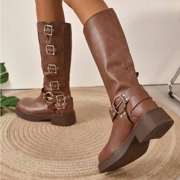BROWN BROWN MOTO COMBAT BIKER BUCKLE BOOTIES - Picture 5 of 9